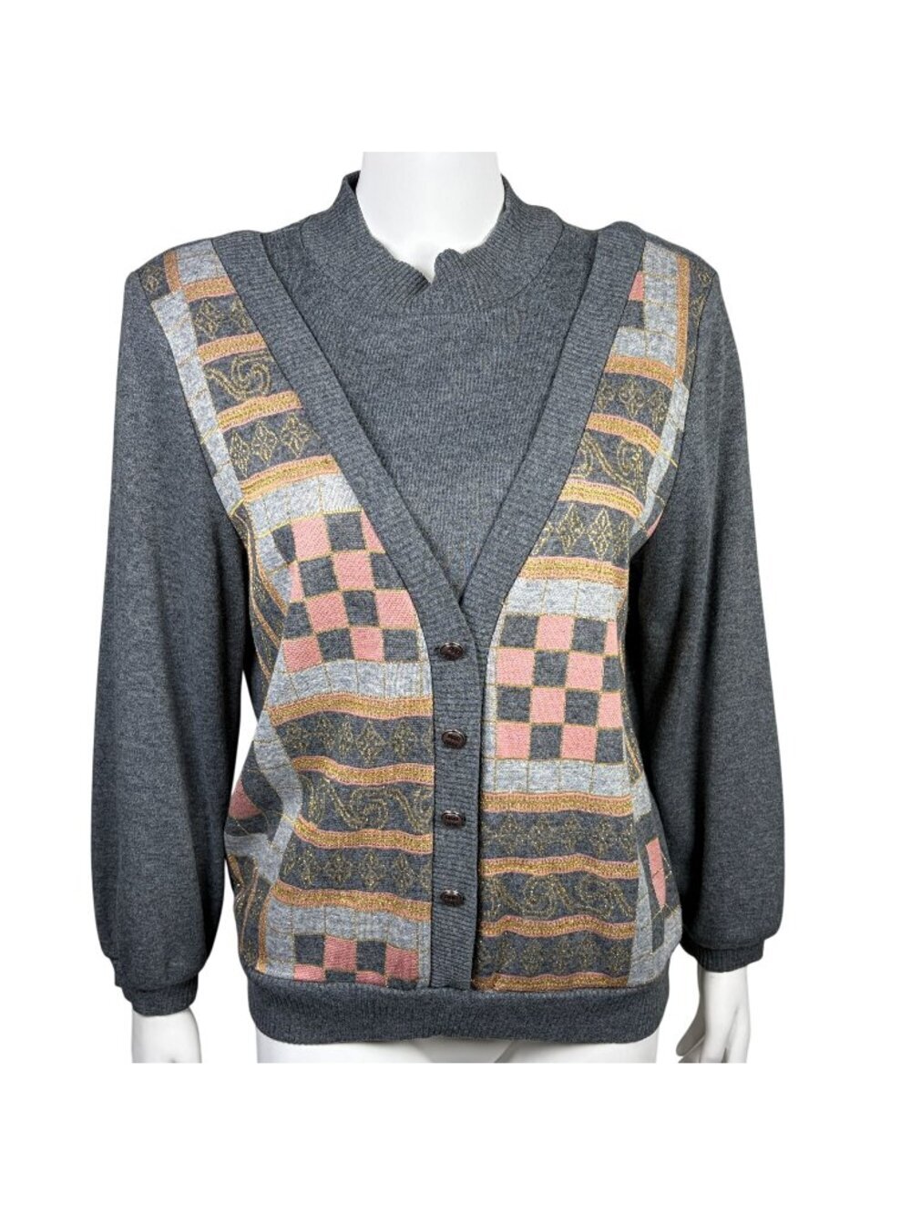 Vintage Susan Christopher Sweater Womens Size M Gray Faux Layers Made In USA
